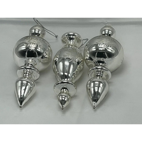 Vintage Set 3  Large Blown Glass Silver Finial Ornaments 6" - Picture 4 of 9